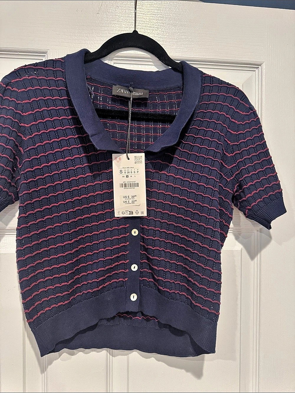 Zara Short Sleeve Knit Polo Shirt Cardigan navy Blue & Pink Small